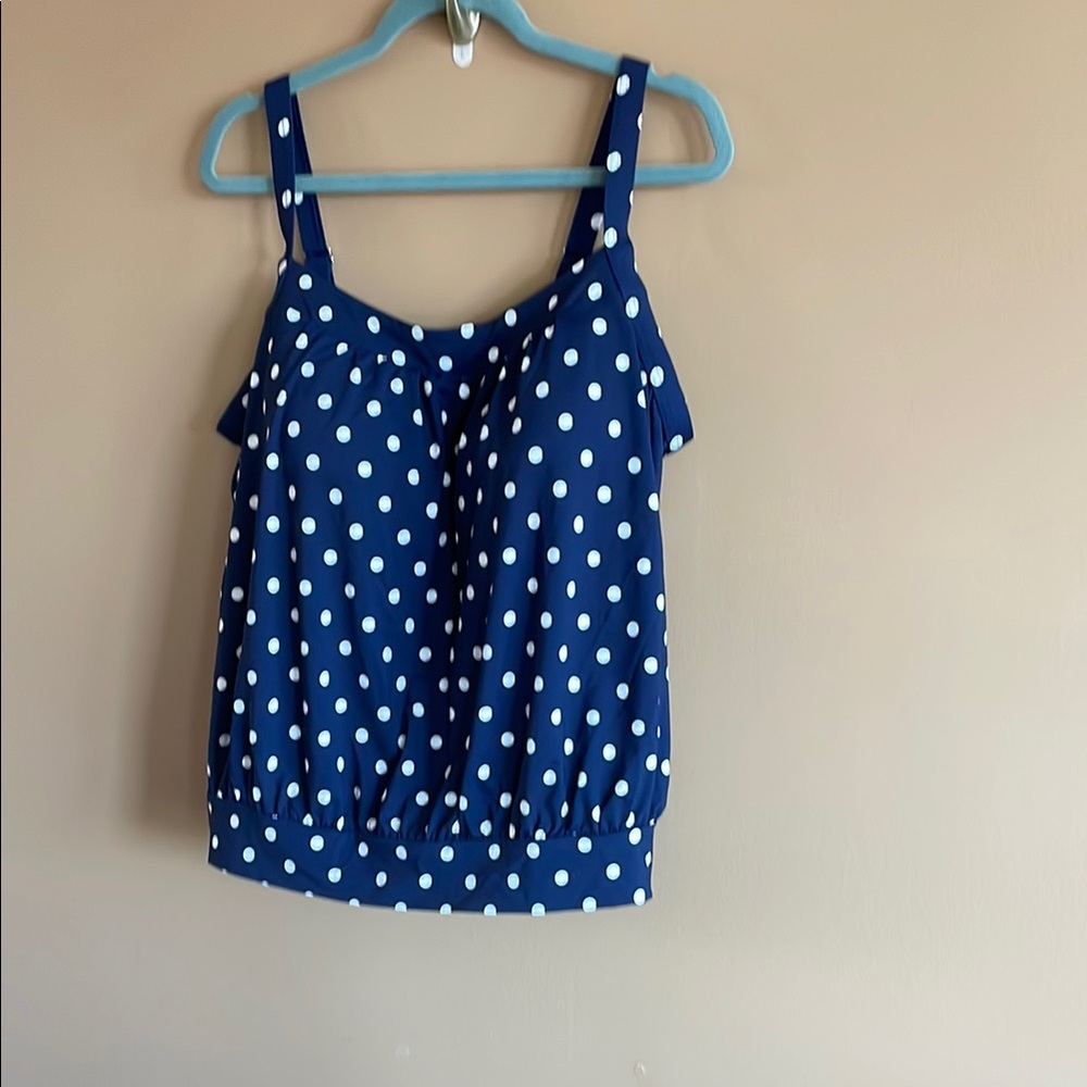 Lands End Blouson Tankini Swimsuit Top, Navy Blue with White Polka Dots, 20W